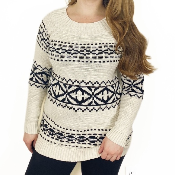 CHAPS Fair Isle Textile Knit Sweater Cream Black Fall Winter Holidays Medium - Picture 1 of 8